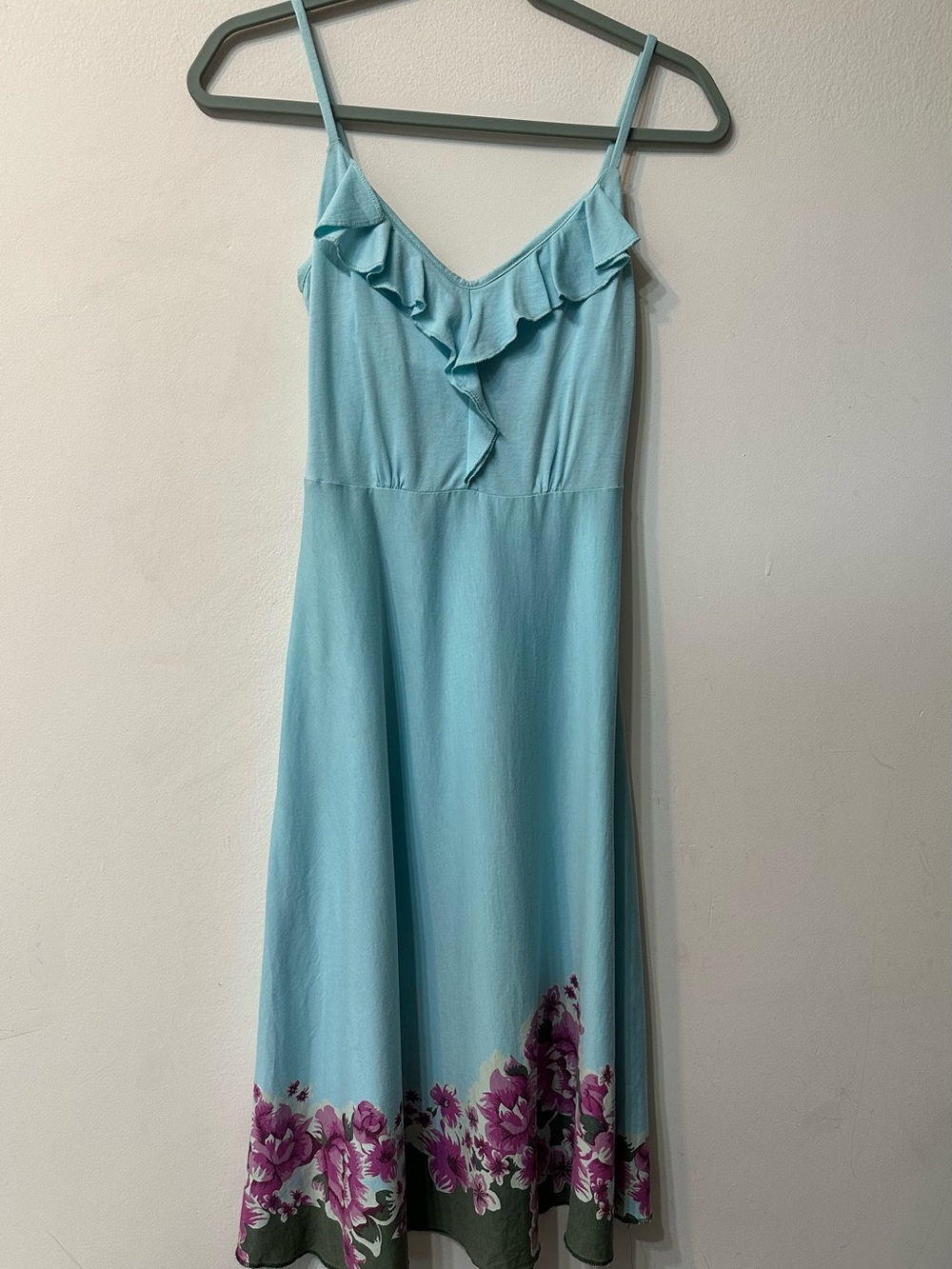 Patagonia Kamala Dress S Small Blue Floral Ruffle Cotton Tencel Knit Midi 58756